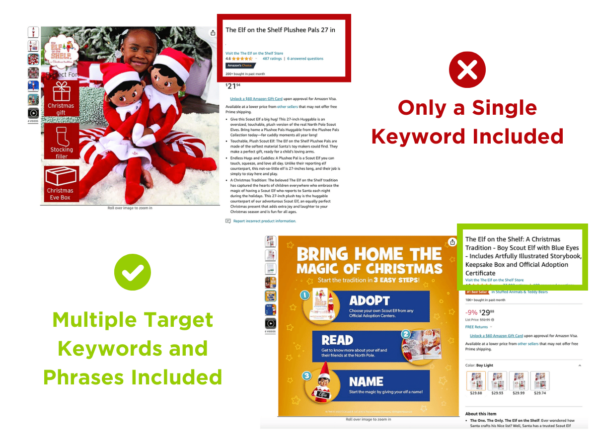 Examples of poorly-optimized and well-optimized product titles for keywords in Amazon listing.