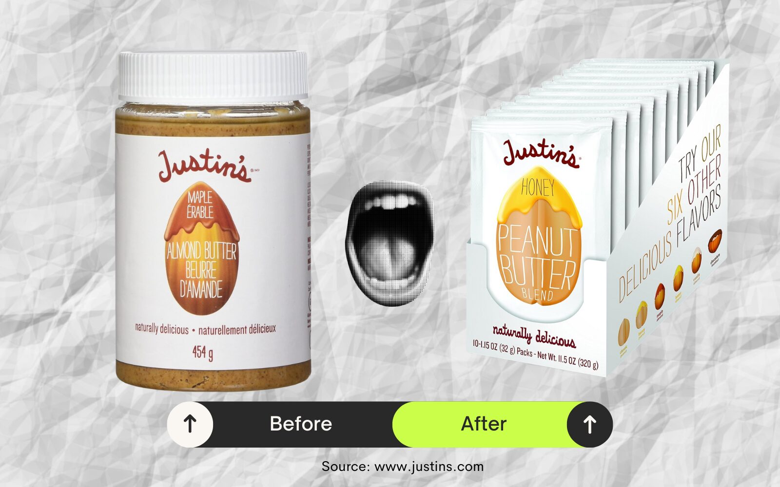 Justin's traditional peanut butter jar to single-serve squeeze packs packaging redesign before and after