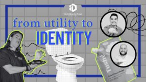 Graphic featuring the text “from utility to IDENTITY” with imagery of a toilet, DUDE Wipes co-founder Sean Riley holding product packaging, and Tushe founders with a bottle of their toilet paper foam. Branded with the Incrementum Digital logo, the image visually underscores the transformation of hygiene products from functional commodities to personality-driven brands.