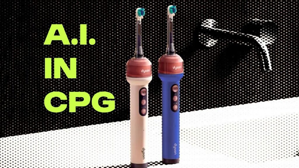 Stylized image of the new Dyson CameraJet AI-powered toothbrush, with the captions: A.I. in CPG