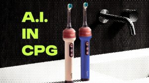 Stylized image of the new Dyson CameraJet AI-powered toothbrush, with the captions: A.I. in CPG