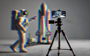 Image of an astronaut creating user generated content for a rocket ship product.