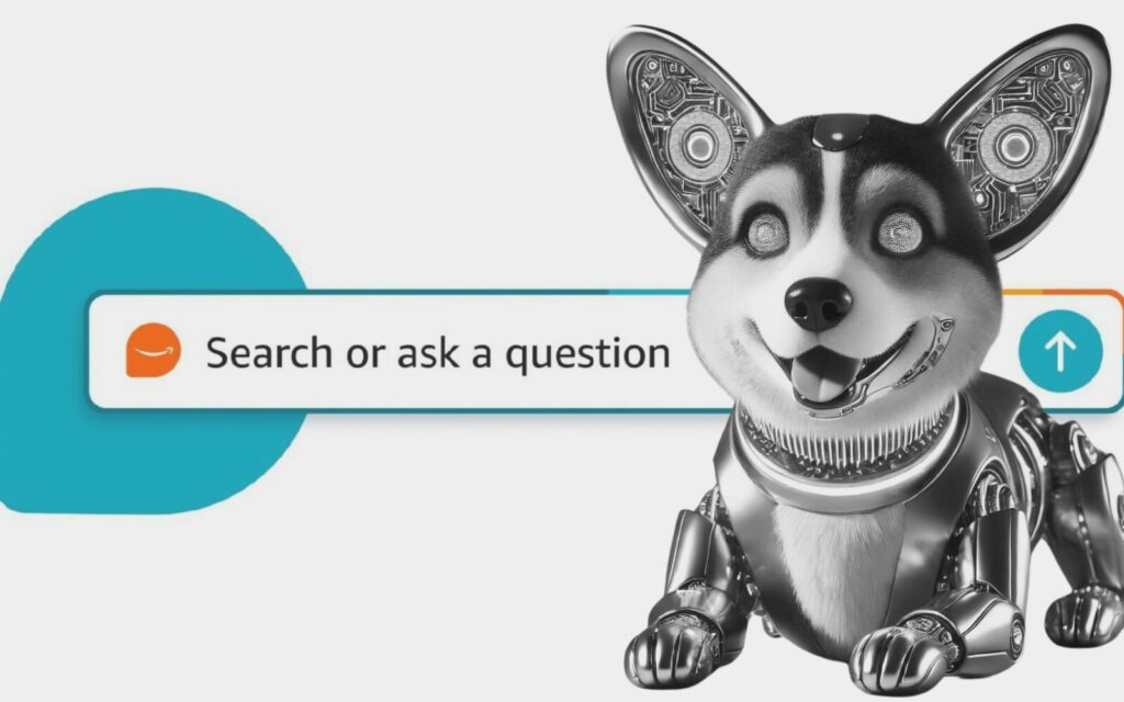 Image shows a robot corgi to represent Amazon's chatbot shopping assistant Rufus Ai, who is named after an Amazon employee's pet corgi. The words "Ask Rufus" are featured behind it, against a starry night background