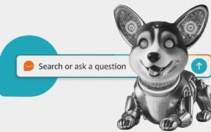 Image shows a robot corgi to represent Amazon's chatbot shopping assistant Rufus Ai, who is named after an Amazon employee's pet corgi. The words "Ask Rufus" are featured behind it, against a starry night background