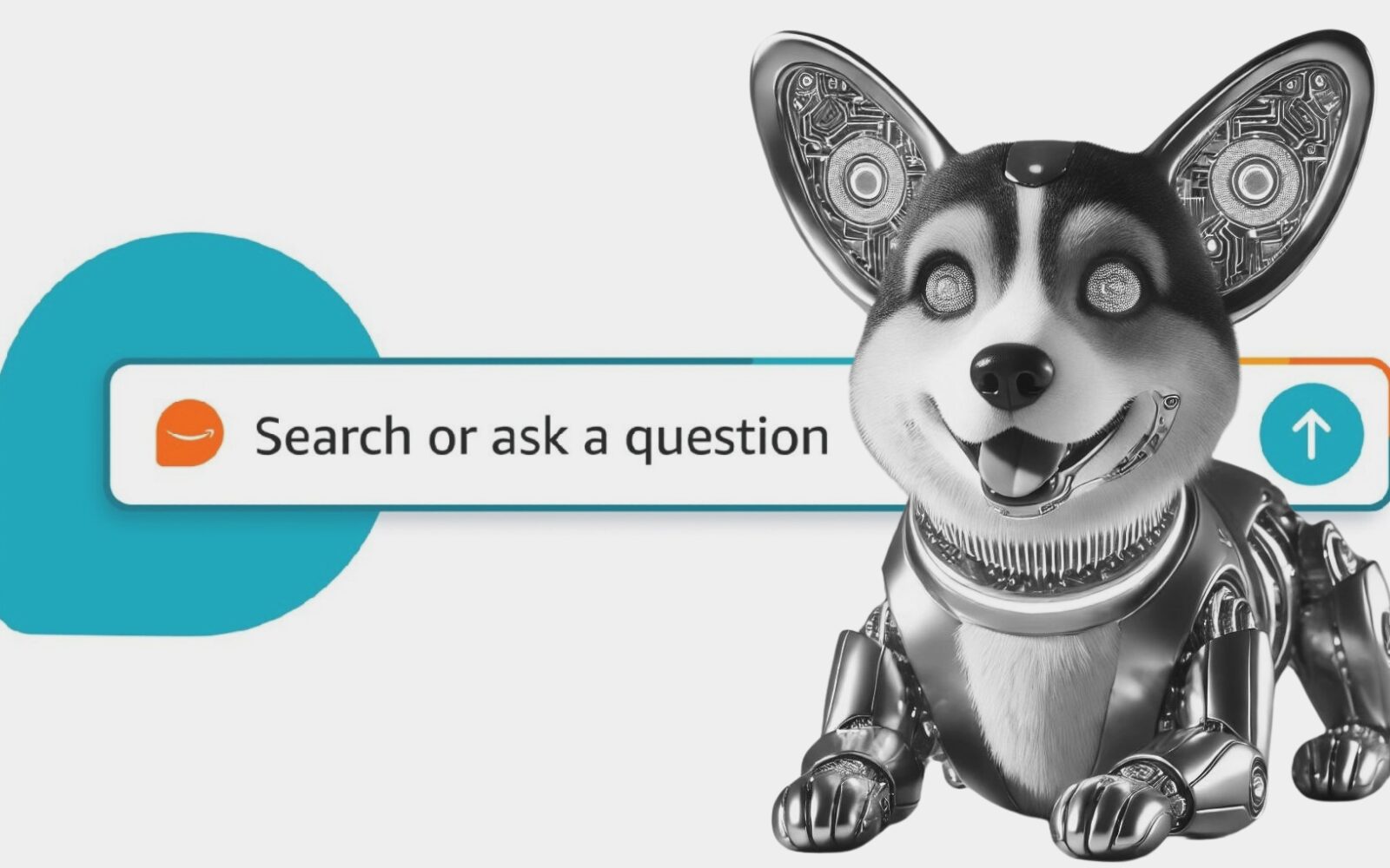 Image shows a robot corgi to represent Amazon's chatbot shopping assistant Rufus Ai, who is named after an Amazon employee's pet corgi. The words 