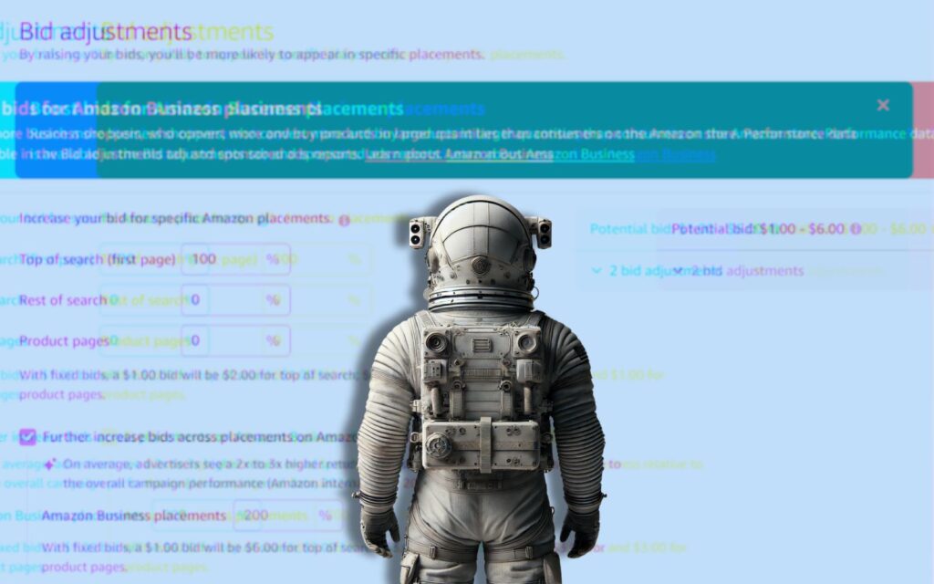 An astronaut looking at a flickering image of seller central showing bid adjustments with "Boost bids for Amazon bid placements"