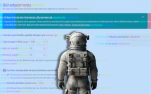 An astronaut looking at a flickering image of seller central showing bid adjustments with "Boost bids for Amazon bid placements"