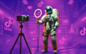Astronaut posing with a ring light and camera as a TikTok influencer selling Amazon products