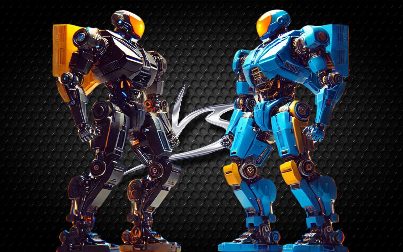 Two robots facing each other, one representing ai Amazon, featuring Amazon yellow and black colors and the other ai Walmart, in Walmart blue and yellow