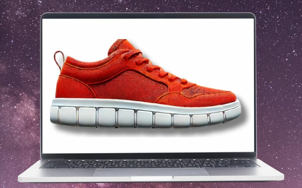 A main image of a red shoe shown on a laptop screen