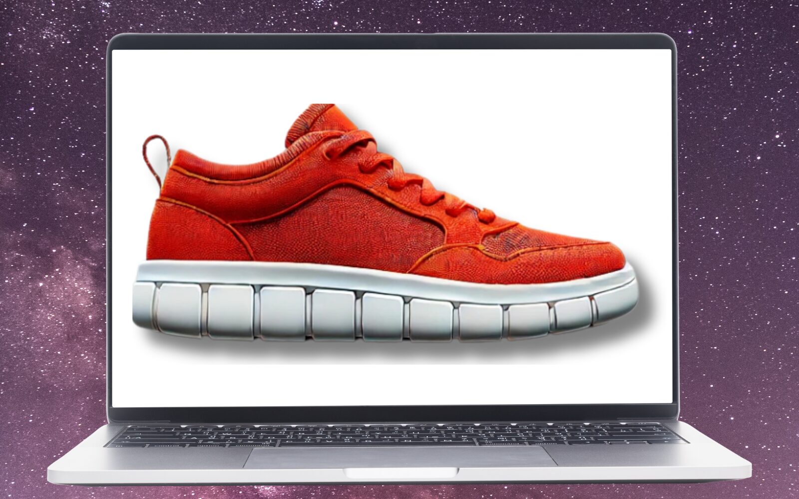 A main red shoe shown on a laptop screen