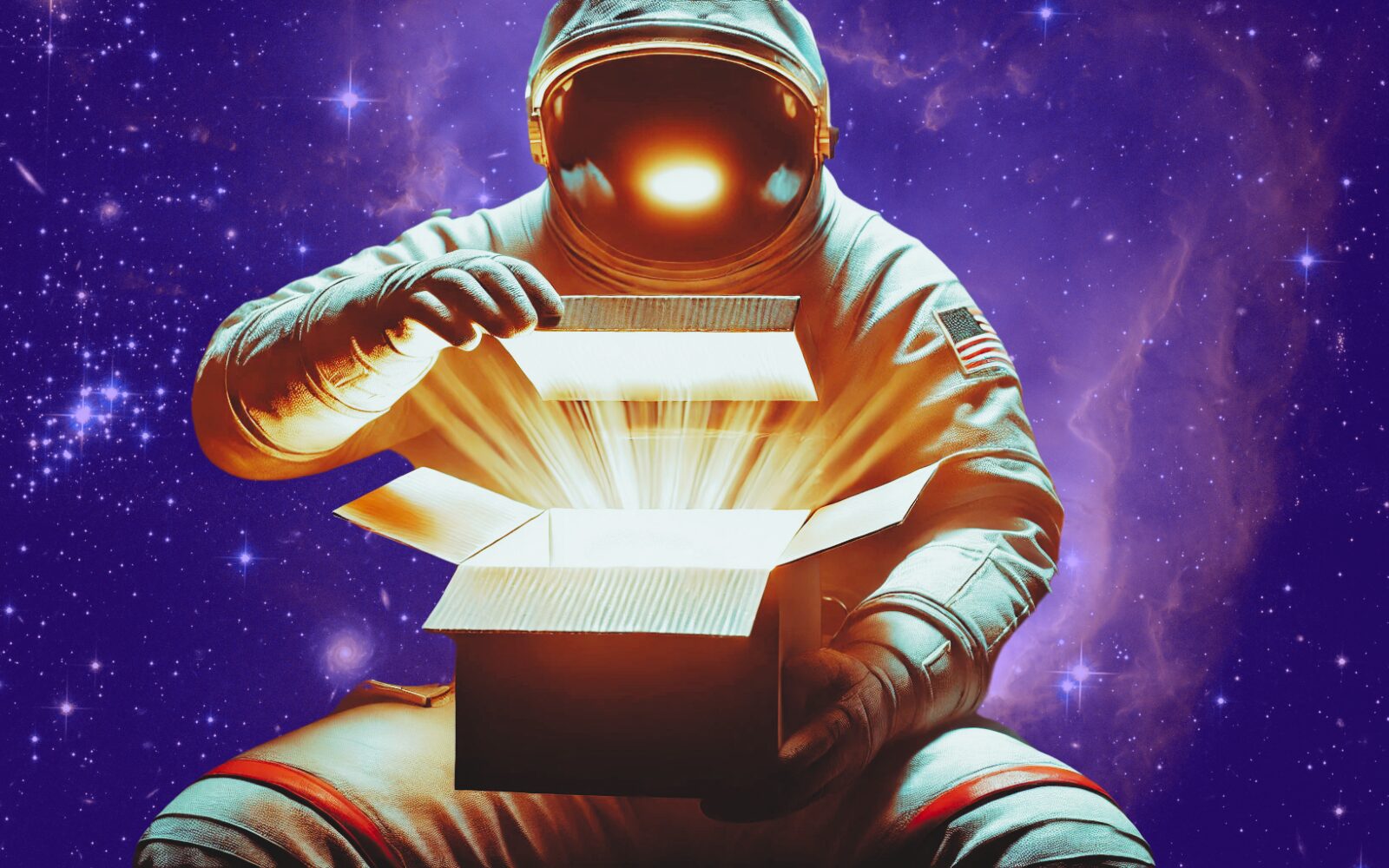 An astronaut opening a box, light emanating from it to symbolize Amazon Unboxed 2024