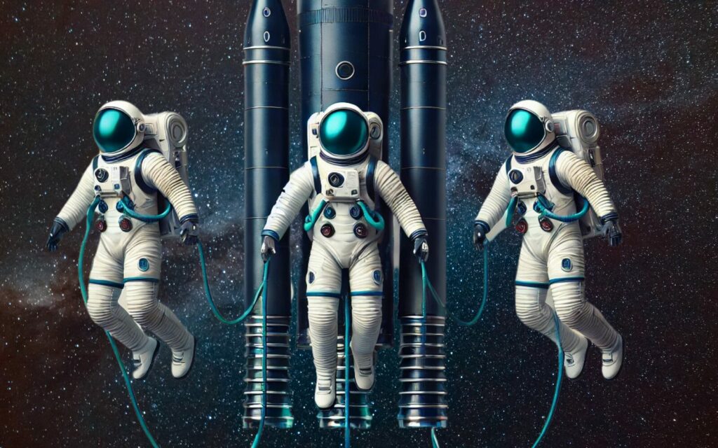Three astronauts tethered to their rocketship, set against an outerspace backdrop