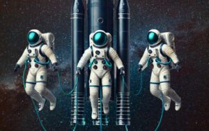 Three astronauts tethered to their rocketship, set against an outerspace backdrop