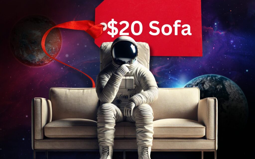 An astronaut sits on a sofa, looking pensive. A huge red price tag is behind the sofa, featuring the text "$20 Sofa", which the upcoming Amazon Low-Cost store is known for.