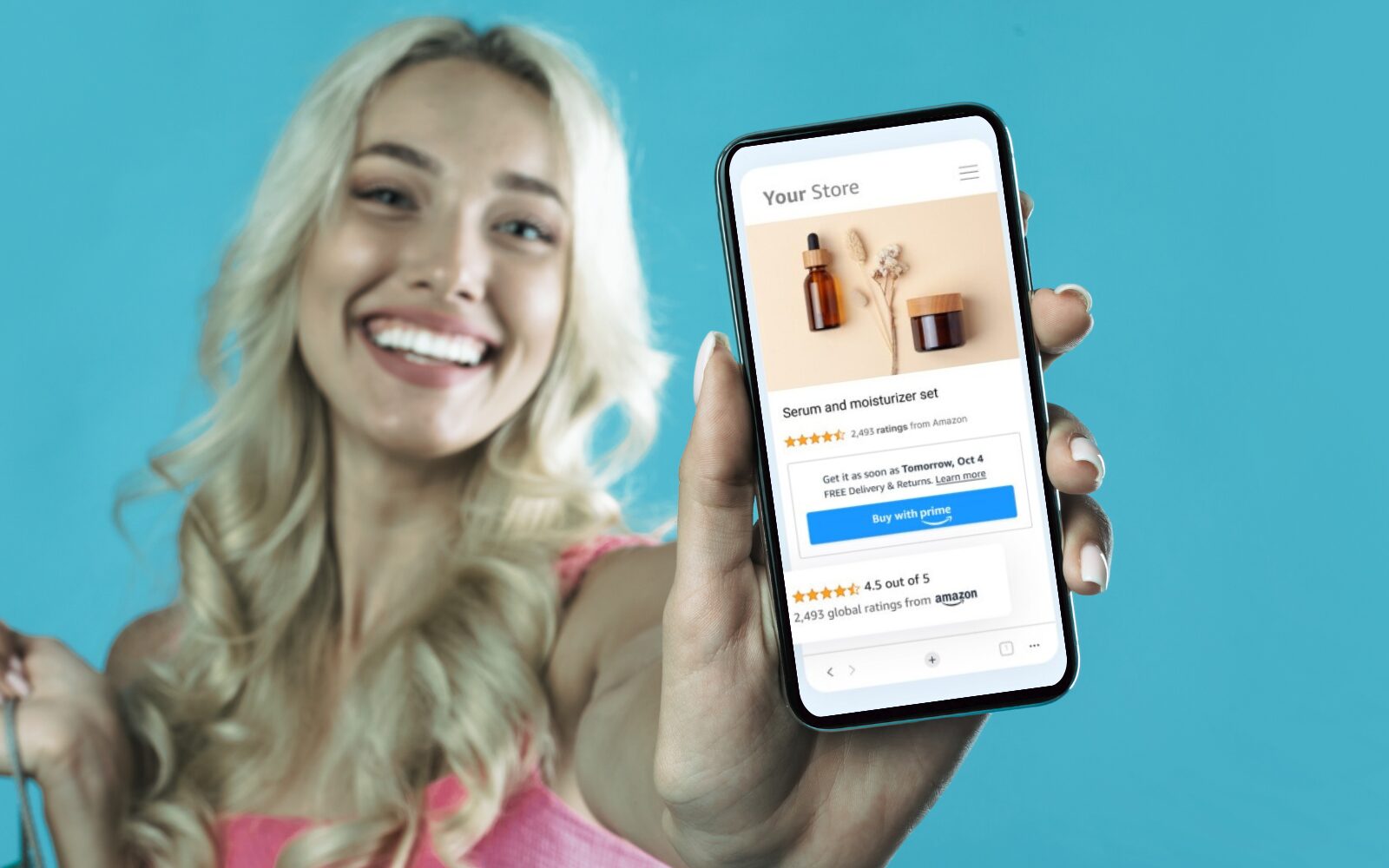 Woman holding up her phone showing Buy With Prime widget in a Shopify DTC site, with the delivery date showing if she orders the product today.