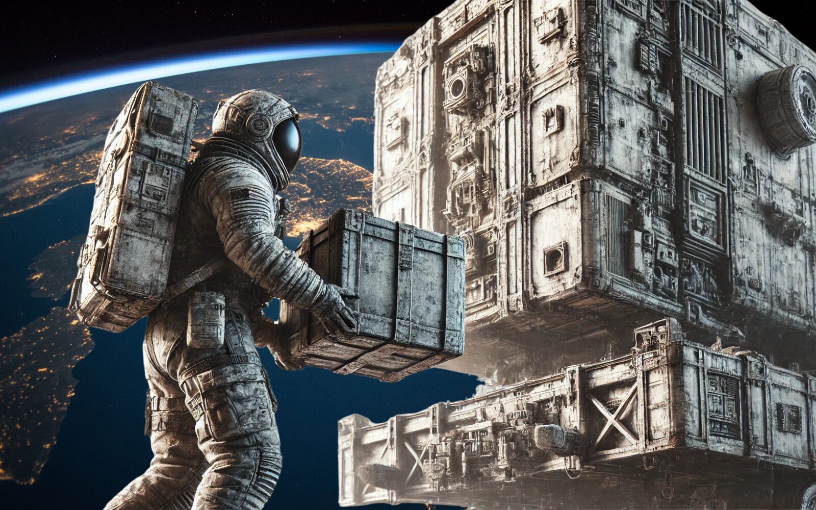 An astronaut carries a box back to a warehouse, symbolizing the Amazon Grade and Resell program for customer returns