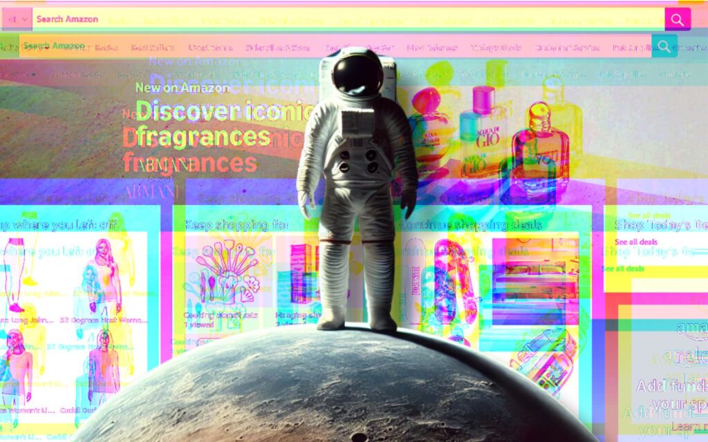 An astronaut standing on an asteroid, the Amazon search bar in the background in a trippy filter.