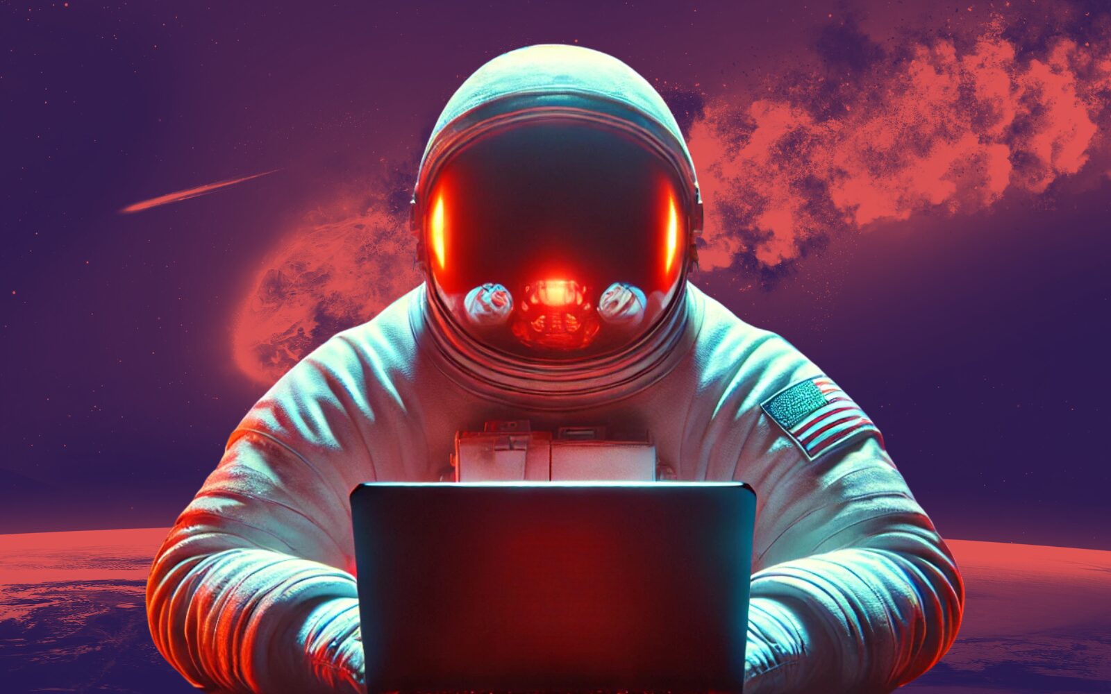 Ominous image of astronaut on their computer, red light emanating from screen, set against a meteor crashing into earth background