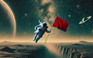 Image of astronaut holding the red flag, symbolizing a missed opportunity or mistake, and floating in space. The hyper-realistic style emphasizes the sense of isolation and drifting aimlessly, capturing the feeling of lost direction in ad campaigns. The red flag is firmly grasped, standing out as a critical warning.