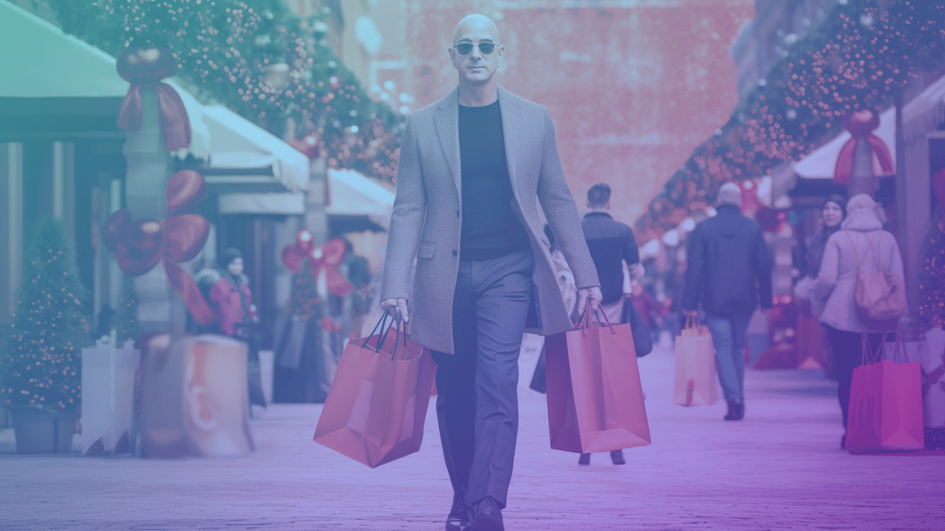 Jeff bezos holding shopping bags on a christmas shopping spree during black friday cyber monday