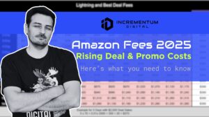 Thumbnail image for a blog post about Amazon's 2025 fee increases for deals and promotions. The image features Mansour Norouzi with arms crossed, looking skeptical, overlaid on a blurred table of Amazon deal fees. The Incrementum Digital logo is at the top, with bold text stating "Amazon Fees 2025 – Rising Deal & Promo Costs" and a subtitle, "Here’s what you need to know." The color scheme includes blue, black, and neon green highlights.