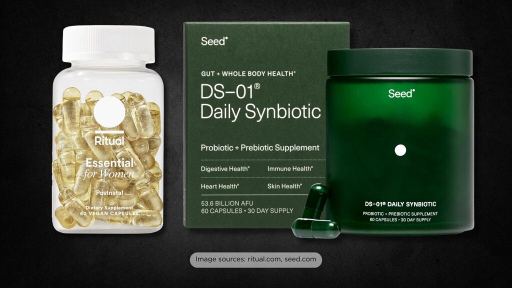 Product image of Ritual Essential for Women and Seed DS-01 Daily Synbiotic supplements displayed against a dark textured background. The Ritual bottle contains golden capsules in a transparent container with a white cap, labeled “Postnatal.” Next to it is Seed’s green glass jar and product box, promoting probiotic + prebiotic benefits for digestive, immune, heart, and skin health.