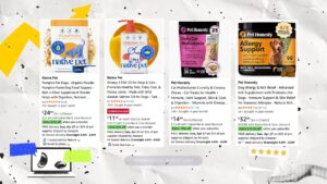 Screenshot of Amazon product listings featuring Native Pet Pumpkin Powder, Native Pet Omega Oil, Pet Honesty Cat Multivitamin, and Pet Honesty Dog Allergy Support Chews, showing high star ratings (over 4 stars) and strong customer review counts across all products.