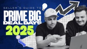 Liran Hirschkorn and Mansour Norouzi wearing branded merch from Incrementum Digital sit at a table looking at a laptop screen, appearing focused and collaborative. The graphic overlay reads “Seller’s Guide to Prime Big Deal Days 2025” with bold typography, lightbulb and arrow illustrations, and a magnifying glass icon, suggesting strategic insight and growth planning for Amazon sellers.