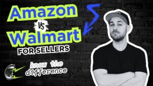 Comparison graphic featuring text 'Amazon vs. Walmart for Sellers – Know the Difference' with a confident man in a cap and arms crossed, pointing to marketplace strategy.