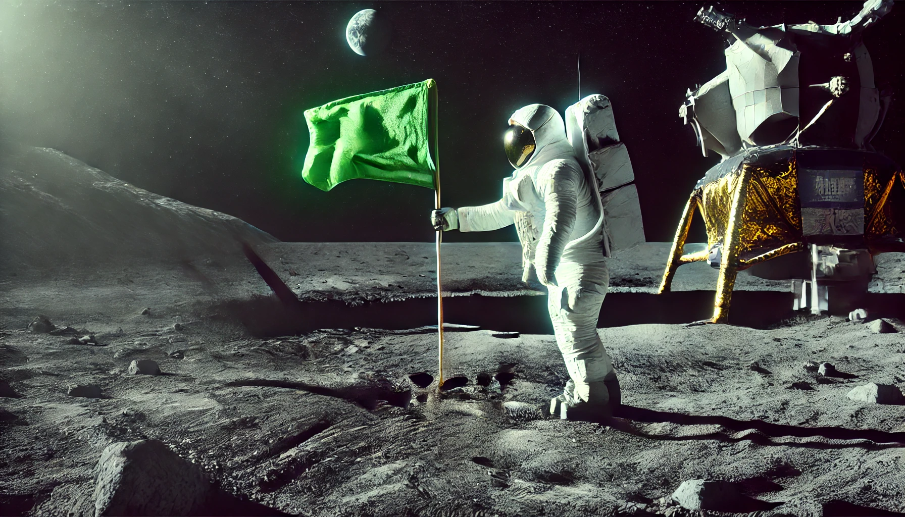 A-hyper-realistic-scene-of-a-full-body-astronaut-standing-proudly-on-the-moon-planting-a-green-flag-into-the-lunar-surface