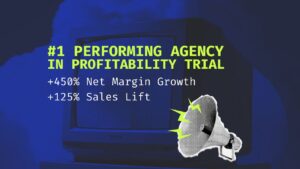 Graphic highlighting Incrementum Digital as the #1 performing agency in a profitability trial, showing +450% net margin growth and +125% sales lift. The design features bold green and white text over a blue-toned retro TV background, with a megaphone graphic on the bottom right.