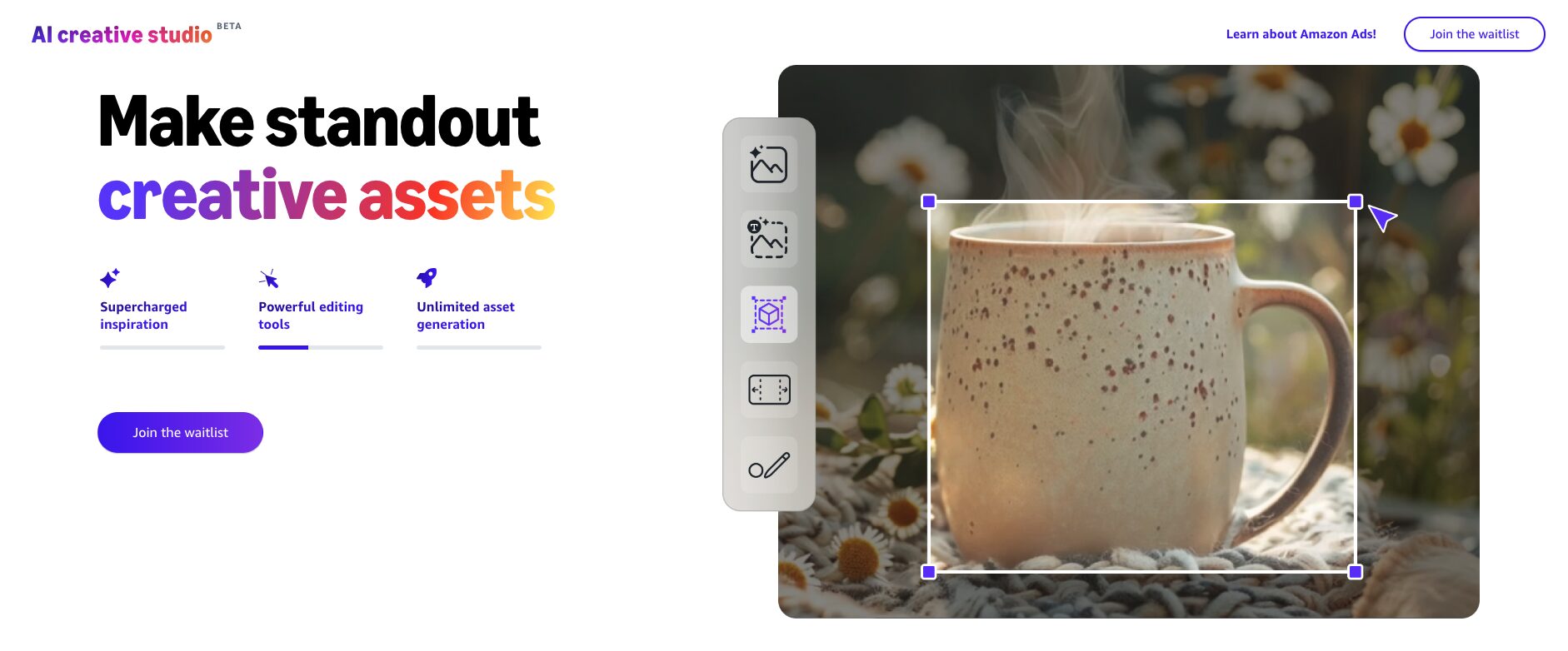 Amazon creative studio interface with "Join the Waitlist" button