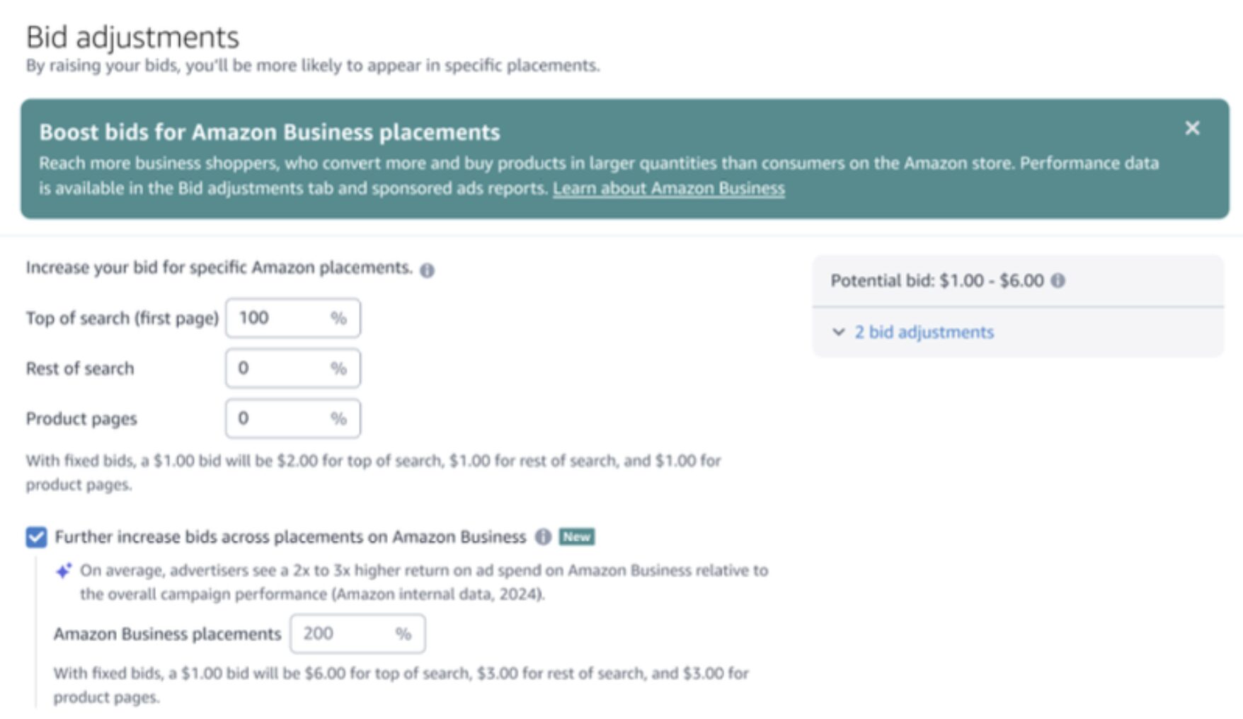 Bid Adjustments in Seller Central with the banner "Boost bids for Amazon Business placements"