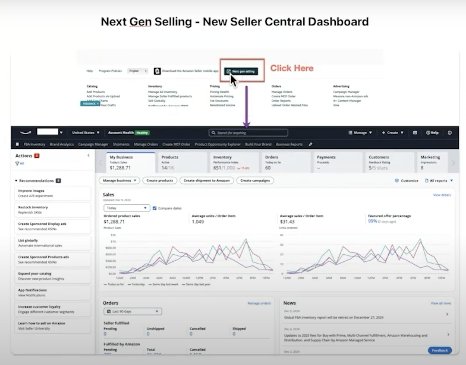 Screenshot of the new Seller Central Dashboard with the "Search for anything" search bar highlighted