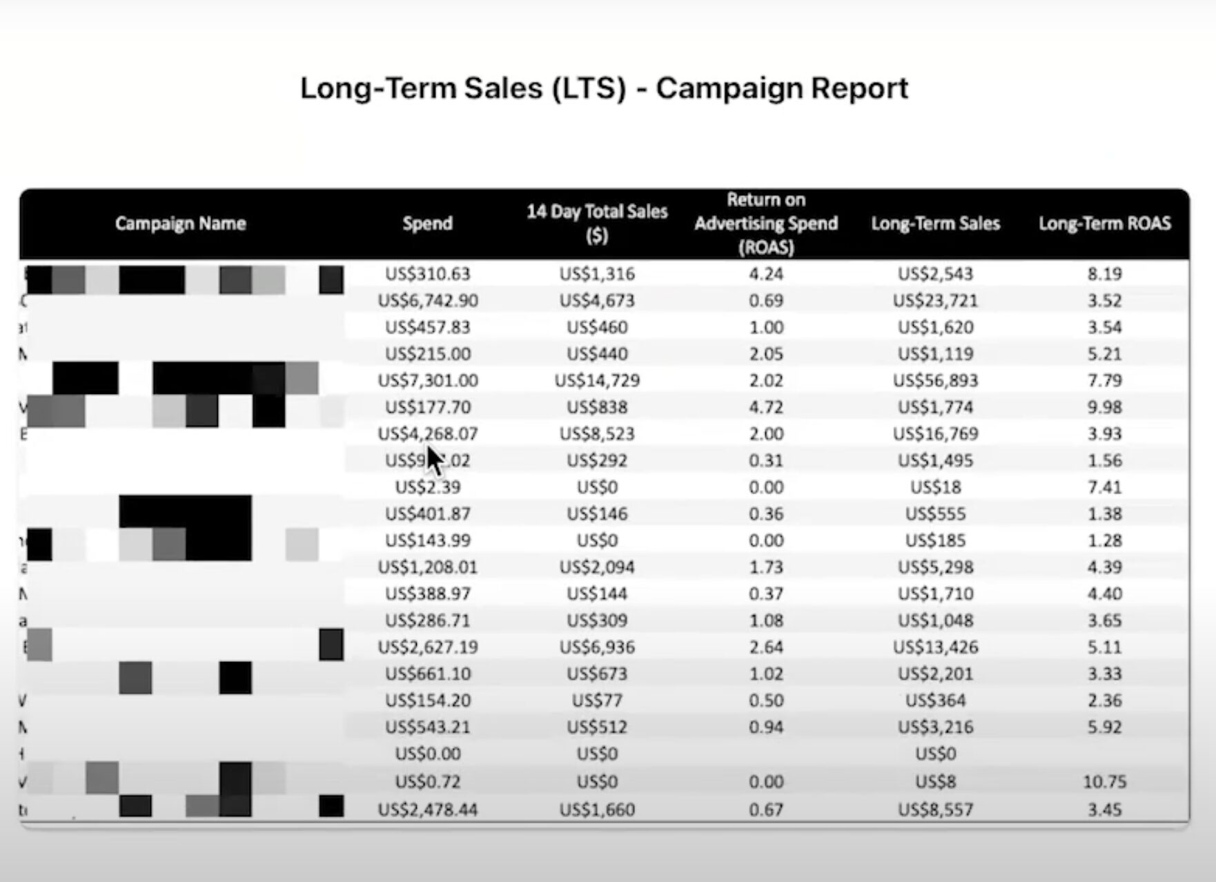 a screenshot of the Long-term sales campaign report, showcasing campaign name, spend, 14-day total sales, ROAS, long-term sales, and long-term ROAS