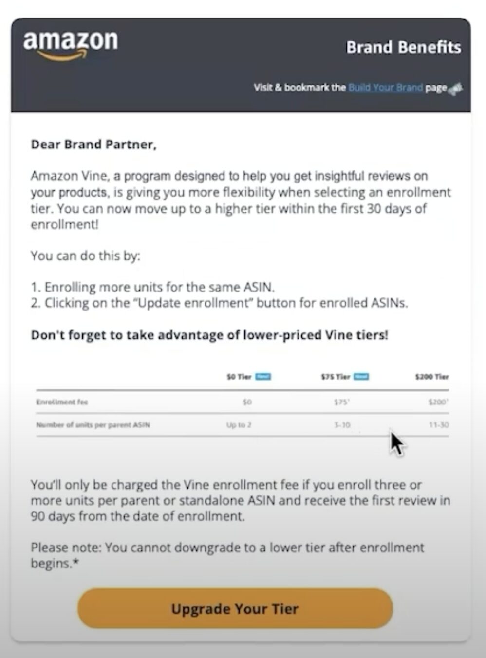 Screenshot of Amazon's New brand benefits regarding lower-priced Vine tiers