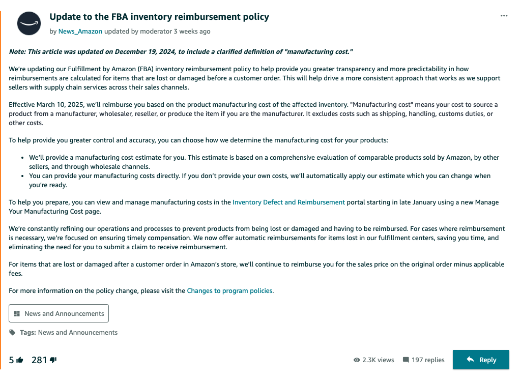 Screenshot of Amazon Update to the FBA inventory reimbursement policy