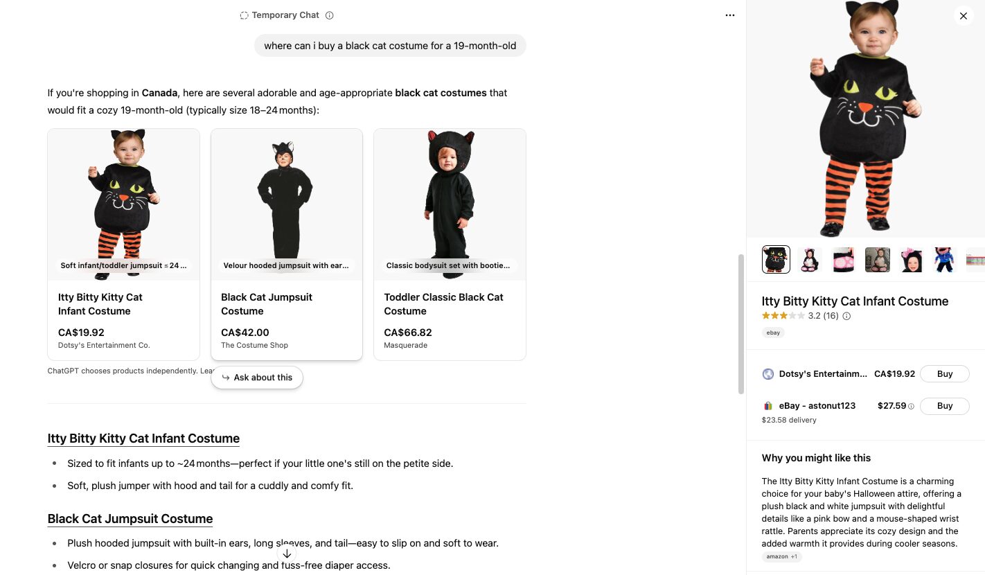 Screenshot showing ChatGPT's response to the query "where can I buy a black cat costume for a 19-month-old?" with product recommendations including images and prices. Three toddler-friendly black cat costumes are displayed: “Itty Bitty Kitty Cat Infant Costume” (CA$19.92), “Black Cat Jumpsuit Costume” (CA$42.00), and “Toddler Classic Black Cat Costume” (CA$66.82). The right-hand panel highlights the Itty Bitty Kitty costume from Dotsy's Entertainment Co., showing user ratings and buying options. This screenshot illustrates how ChatGPT makes product recommendations by listing curated options with descriptions, pricing, and shopping links—answering the question: How does ChatGPT make product recommendations?