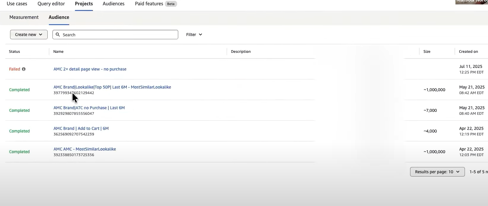 Amazon Marketing Cloud Projects tab showing completed and failed audience builds, including lookalike and add-to-cart segments, with audience size and creation dates.