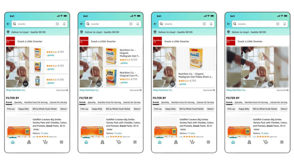 Four different formats of Amazon Sponsored Brand vertical video ads displayed on a mobile screen.
